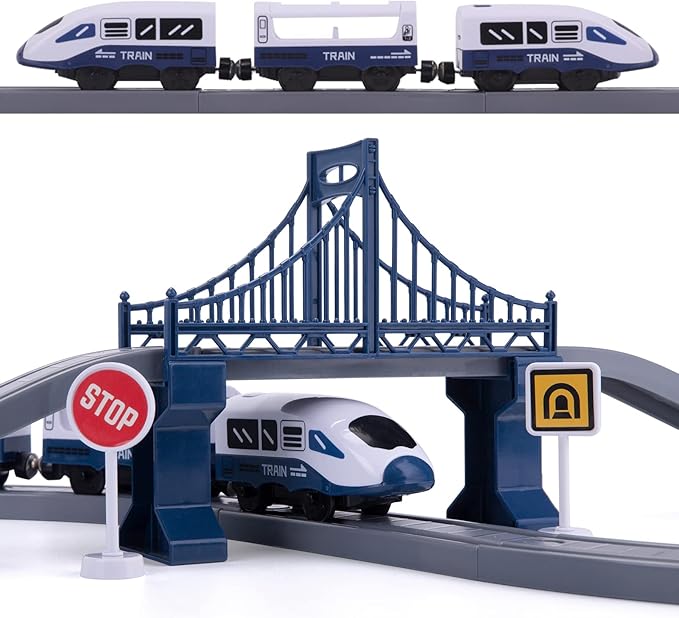 Train Sets for Boys 4-7, 66 Pcs Battery Operated Train Set with Tracks(Magnetic Connection), Compatible with Thomas, Brio, Chuggington, Gifts for 3 4 5 6 Years Old (City)