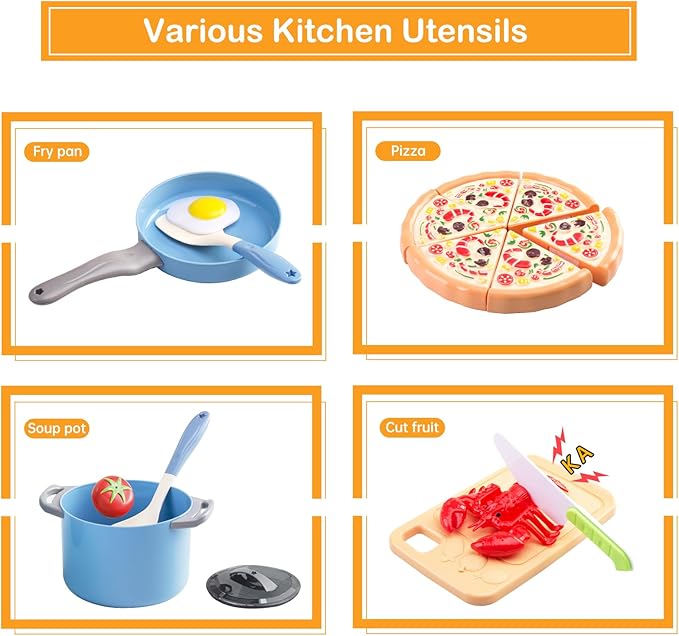 80Pcs Kitchen Playset, Toddler Pretend Cooking with Pots, Pans, Cookware, Food, Picnic Blanket, Fruits, Veges, Shopping Storage Basket, Dessert, Learning Gift for Girls Boys (Blue)