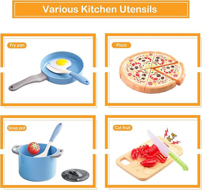 80Pcs Kitchen Playset, Toddler Pretend Cooking with Pots, Pans, Cookware, Food, Picnic Blanket, Fruits, Veges, Shopping Storage Basket, Dessert, Learning Gift for Girls Boys (Blue)