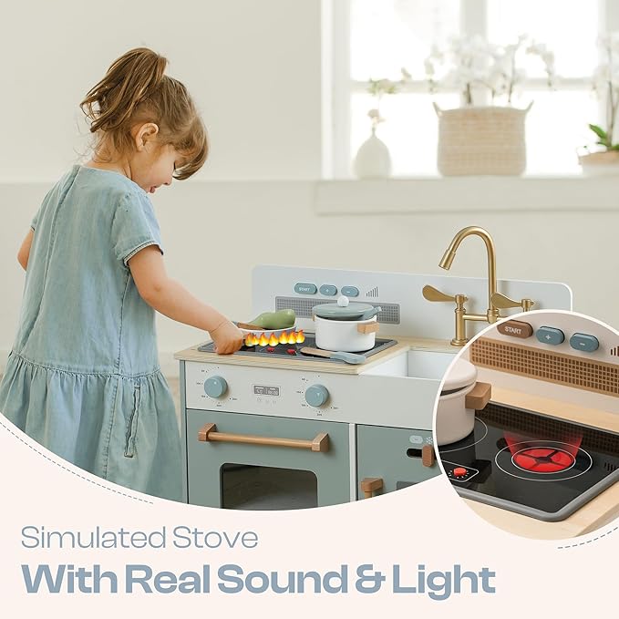 ROBOTIME Play Kitchen for Toddlers, Wooden Kids Play Kitchen Playset with Real Lights & Sounds/Ice Cube Dispenser, Pretend Play Montessori Toy Kitchen, Gift for Ages 3+ (Blue)