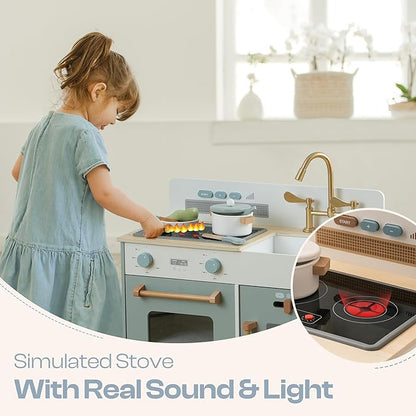 ROBOTIME Play Kitchen for Toddlers, Wooden Kids Play Kitchen Playset with Real Lights & Sounds/Ice Cube Dispenser, Pretend Play Montessori Toy Kitchen, Gift for Ages 3+ (Blue)