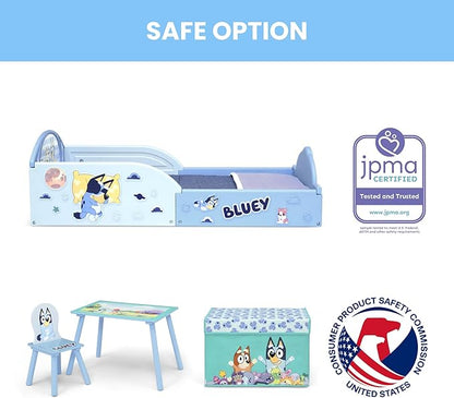 Delta Children - Bluey 4-Piece Toddler Room-in-a-Box Set – Includes Sleep and Play Toddler Bed, Table, 1 Chair and Fabric Toy Box, Blue