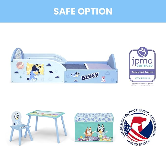 Delta Children - Bluey 4-Piece Toddler Room-in-a-Box Set – Includes Sleep and Play Toddler Bed, Table, 1 Chair and Fabric Toy Box, Blue