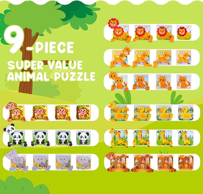 Wooden Puzzle for Toddler 1-3, 9 Pcs Toddler Puzzle Ages 2-4, Baby Animal Puzzle for Toddler, Montessori Puzzles Toys for 1 2 3 Year Old Boy Girl, Learning Educational Puzzle Toy(9 Pcs)