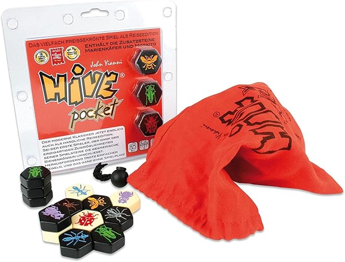 Hive Pocket Game by Smart Zone Games | Portable Abstract Strategy Game for 2 Players | Includes Ladybug and Mosquito Expansions | Compact Travel Edition of the Award Winning Hive Strategy Game
