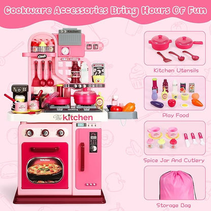 Kids Kitchen Playset, 27.1 Inches Play Kitchen with Sound and Light, Kitchen Set for Toddlers 1-3 3-5, Cooking Stove, Play Sink and Kitchen Accessories, Toddler Kitchen Playset(Pink)