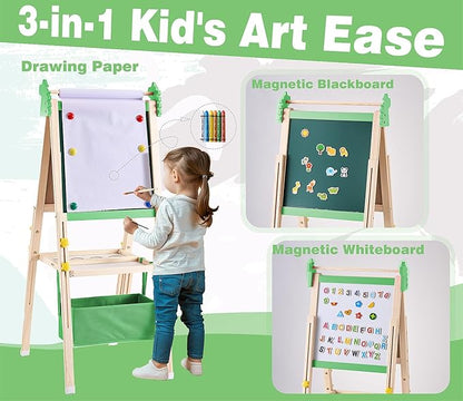 2-in-1 Double Sided Kid's Easel, Height-Adjustable Art Easel for Boys and Girls Ages 3-10, Including 100+ Accessories with Magnetic Chalkboard & Painting Board, Toddler Gifts (Light Green)