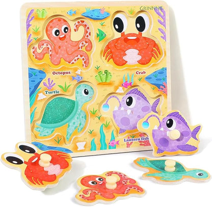 GRINNNIE Wooden Toddler Puzzles, 1 2 3 Years Old Learning Montessori Peg Puzzle Toy Set for Toddlers, 4 Pcs Educational Portable Size Travel Knob Puzzle Toys, Gift for 1-3 Boy Girl Birthday Christmas