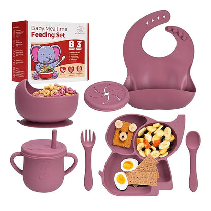 Complete Silicone Baby Feeding Set - 6+ Months Food Grade Baby Feeding Essentials | Silicone Bibs, Baby Bowls and Plates, 3 in 1 Baby Sippy Cup, Spoons and Fork Set | Free of BPA/PVC/Lead/Phthalate