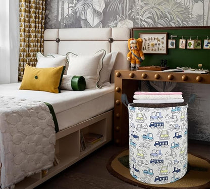 19.7 Inch Round Laundry Clothes Hamper Laundry Basket with Handles,Storage Organizer Bins Laundry Gift Basket for Room, Bedroom Decor (Engineering vehicle)