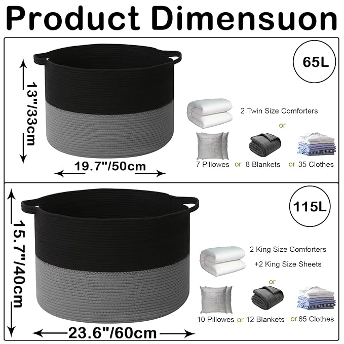 65L Large Woven Cotton Rope Blanket Basket with Handles, Laundry Hamper Storage Bin for Pillows, Comforters,Clothes, Toys, Nursery, Bedroom and Living Room Organization,Black&Dark Grey