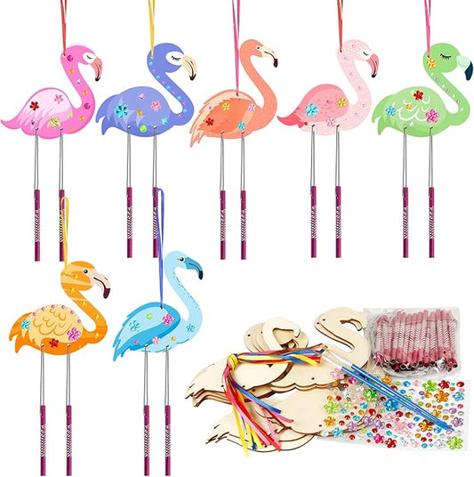 Fennoral 12 Pack Wind Chime Kit for Kids Make Your Own Flamingos Wind Chime Wooden Arts and Crafts for Girls Boys Ornaments DIY Coloring Flamingos Craft for Hawaii Summer Art Activity Birthday Party