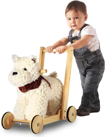 Rock My Baby Wooden Baby Walker, Baby Push Walker with Wheels for 12M+, Toddler Learning to Walk Toy with Sweet Music ＆ Animal Seat 2 in 1 Sit-to-Stand Walker Toy Gift for Boy Girl (Scottie Dog)