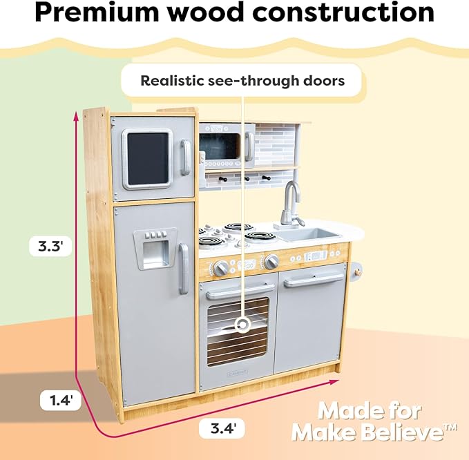 KidKraft Uptown Natural Wooden Play Kitchen with Play Phone, Chalkboard & Towel Rack, Gift for Ages 3+