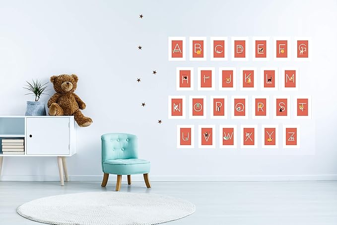 English Alphabets Flash Cards and Art Wall Cards - Set of 26 (5" x 7") Animal Alphabet Cards for Nursery Decor, Gifts, Kids Room, Classroom, by Kindred Sol Collective