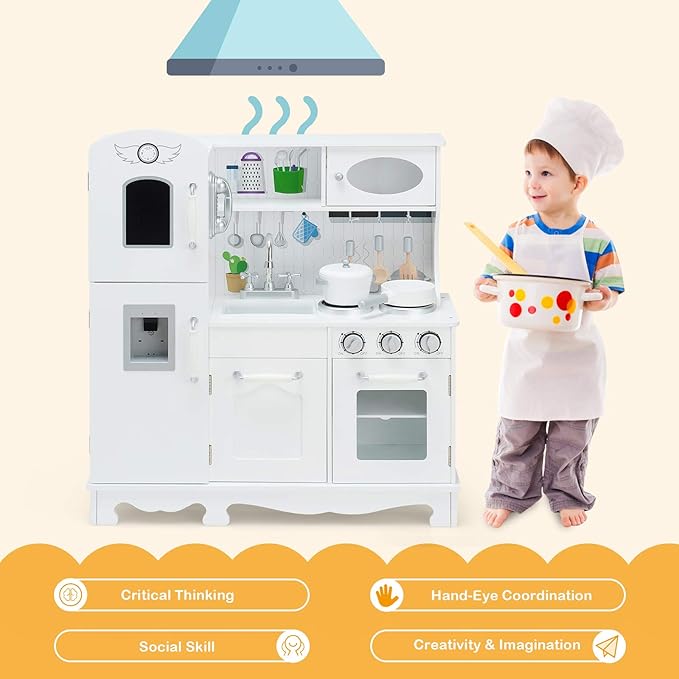 ARLIME Kids Kitchen Playset, Wooden Toy Toddler Kitchen w/Simulated Sound, Sink, Stovetop, Microwave, Refrigerator, Pretend Play Kitchen Great Gift for Boys Girls