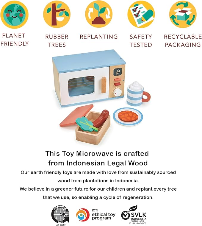 Mentari Toys - Toy Microwave - 9pc Wooden Microwave Set with Pretend Play Food - Kids Role Play Kitchen Accessories - Improve Social and Communication Skills - Sparks Creativity - Age 3+