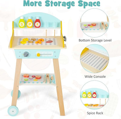 INFANS Kids Grill Playset, Wooden Pretend BBQ Toy Set with 21 Food Accessories, Role Play Kitchen Cooking Set Gift for Toddlers Boys Girls Age 3+