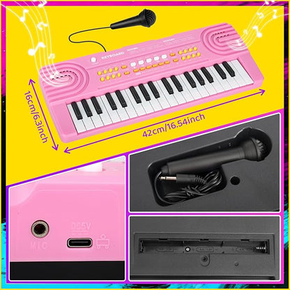 Upgraded Piano Keyboard Kids Toy for 4 Year Old Girl Birthday Gift 37 Key Pink Pianos with Microphone Toddler First Music Instrument Toys for 3 4 5 6 7 Year Old Boys Girls Gifts