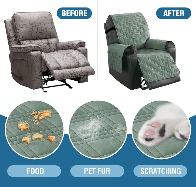 H.VERSAILTEX 100% Waterproof Recliner Chair Covers Anti-Slip Recliner Cover for Electric Power Lift Recliner Chair Washable Recliner Slipcover with Pocket, Elastic Straps for Pets, Dogs,Lily Pad/Beige