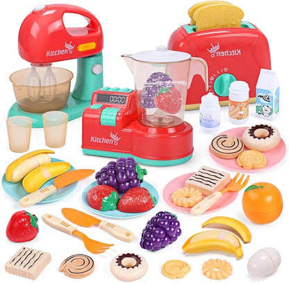 CUTE STONE Toy Kitchen Appliances Playset, Kids Kitchen Toy Mixer and Blender with Sound & Lights, Play Toaster, Cutting Play Food, Toddler Play Kitchen Accessories Set for Boys Girls