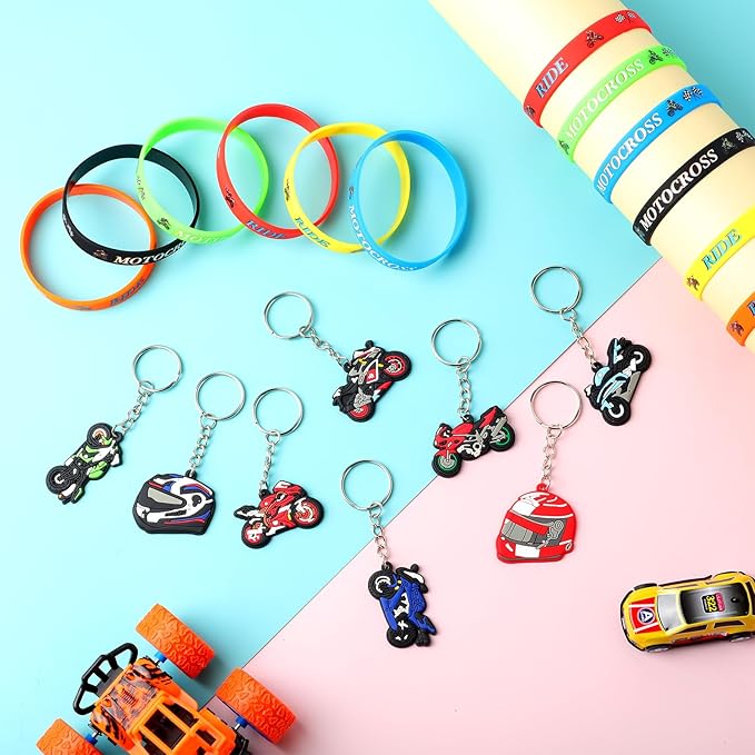 Aoriher 48 Pcs Dirt Bike Party Favors 24 Motocross Rubber Bracelets Wristbands 24 Motorcycle Keychains Birthday Goodie Bag Fillers Classroom Rewards for Kids Boys Girls 2025 Happy New Year Gifts