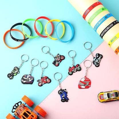 Aoriher 48 Pcs Dirt Bike Party Favors 24 Motocross Rubber Bracelets Wristbands 24 Motorcycle Keychains Birthday Goodie Bag Fillers Classroom Rewards for Kids Boys Girls 2025 Happy New Year Gifts