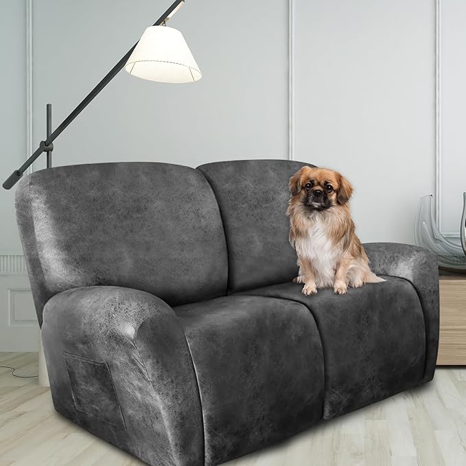 Loveseat Recliner Cover Leather Look Recliner Loveseat Covers Recliner Sofa Cover for 2 Seater Reclining Couch Spandex Fabric Washable 6 Pieces (2 Seater, 02 Light Grey)