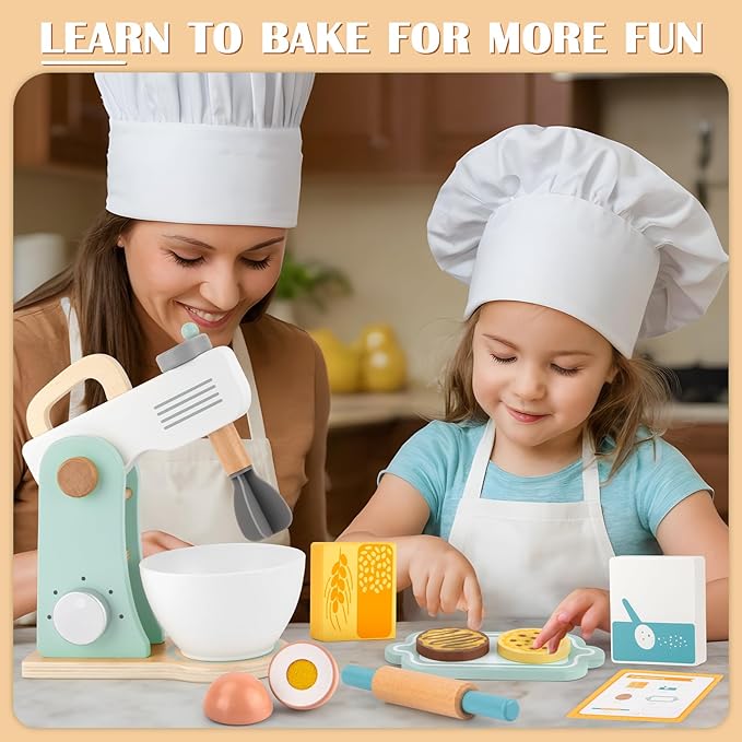 Play Kitchen Accessories, Wooden Toy Mixer, Wooden Kitchen Accessories for Kids, Pretend Play for Toddlers 3-5