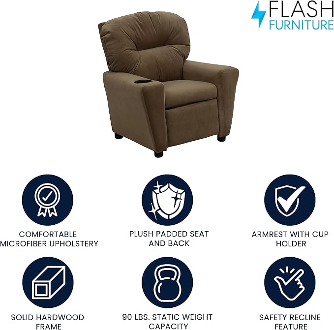 Flash Furniture Chandler Microfiber Kids Recliner with Cup Holder and Safety Recline, Contemporary Reclining Chair for Kids, Supports up to 90 lbs., Brown