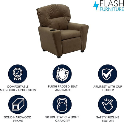 Flash Furniture Chandler Microfiber Kids Recliner with Cup Holder and Safety Recline, Contemporary Reclining Chair for Kids, Supports up to 90 lbs., Brown