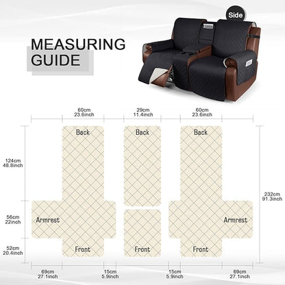 KinCam 100% Waterproof Recliner Loveseat Cover with Console, Non-Slip Reclining Couch Covers for 2 Seat, Recliner Sofa Cover Furniture Protector with Elastic Straps for Kids, Pets, Black