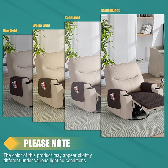 Ruaozz Waterproof Recliner Chair Covers Non Slip Chair Covers Washable Recliner Covers for Reclining Chair with Pockets Covers for Recliner Chair for Pets, Kids (Chocolate, Medium-25'')