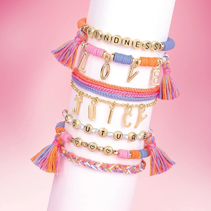 Make It Real - Juicy Couture Love Letters Bracelet Making Kit - Kids Jewelry Making Kit - DIY Charm Bracelet Making Kit for Girls - Friendship Bracelets with Flat Clay Beads for Girls 8-10-12-14