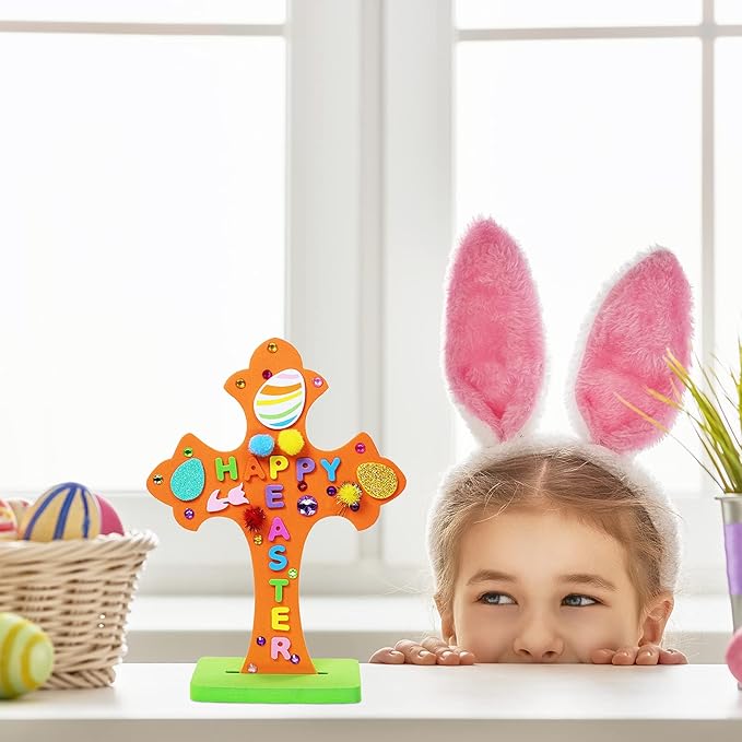 18 Sets Easter Cross Decorations DIY Craft Kits Assorted Foam Cutouts Egg Bunny Chick Stickers Pom-poms for Kids Classroom Sunday School VBS Activity Art Project