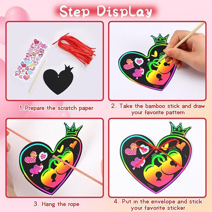 FEBSNOW Valentines Crafts for Kids, 48 PCS Heart Rainbow Magic Scratch Art Valentines Day Cards for Kids Classroom Scratch Paper Art for Valentines Day Gifts Party Favors witn Heart Stickers