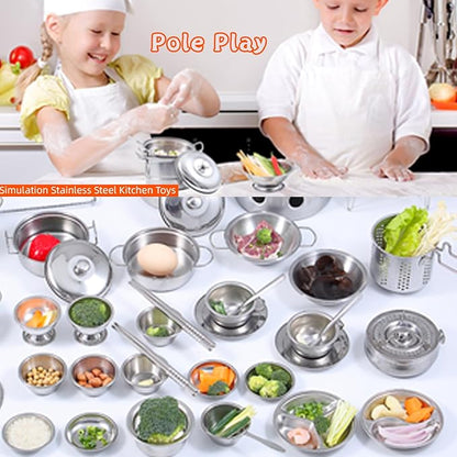 Mini Size Kids Kitchen Pretend Play Toys Accessories with Stainless Steel Cookware Pots and Pans Set,Classic Kitchen Accessories Cooking Utensils Set Tiny Role Play Cooking Play Toy for Kids Toddlers