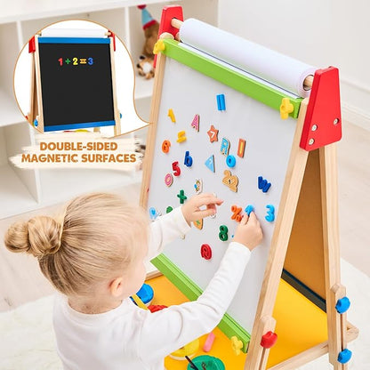 Art Easel for Kids Easel for Toddlers, Adjustable Wooden Kids Drawing Easel with Magnetic Whiteboard & Chalkboard, Kids Dry Erase Board, Easel for Kids Ages 3 4-8 9-12,Green w/Tray