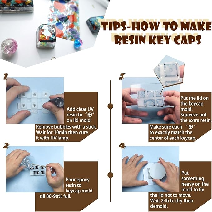 Keycaps Epoxy Resin Casting Molds Set for Mechanical Gaming Keyboard Polymer Clay Crafts 7 Silicone Trays with Key Puller