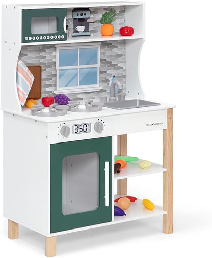 Delta Children Tiny Chef Play Kitchen - Toy Kitchen Playset with Realistic Knobs That Turn/Click, Oven, Sink, Microwave and 15 Pieces of Play Food, Green