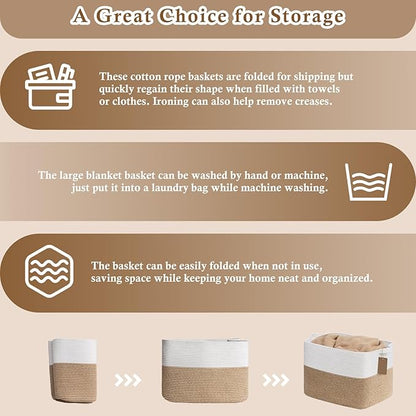 Goodpick Woven Storage Baskets for Organizing, Nursery Toy Baskets Storage Kids, Cotton Rope Basket with Handles, Rectangle Blanket Basket for Living Room, 18 x 14 x 12 Inches