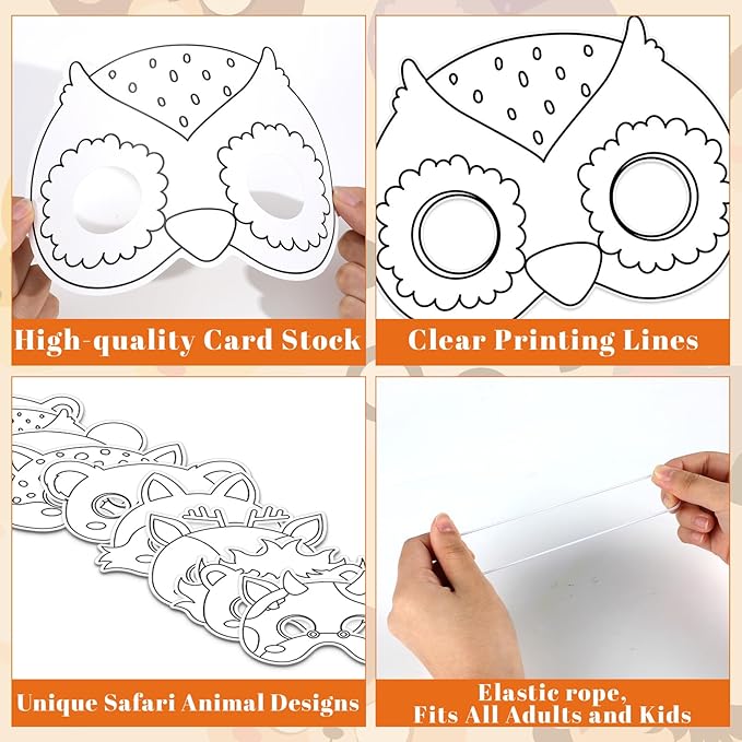 Lonfliness 36 Set Animal Coloring Mask Jungle Animal Paper Art Craft Kid Color Your Own Panda Blank DIY Mask Masquerade Birthday Party Dress-Up Decoration Favor School Classroom Activity Game Supplies