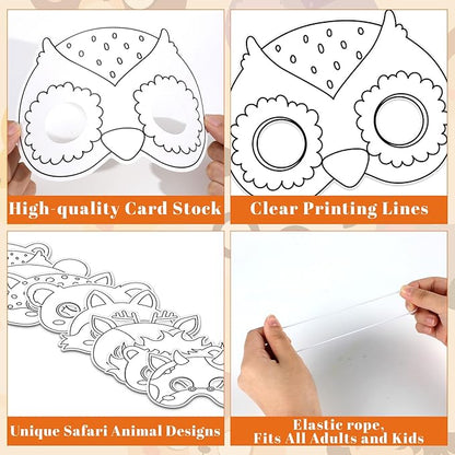 Lonfliness 36 Set Animal Coloring Mask Jungle Animal Paper Art Craft Kid Color Your Own Panda Blank DIY Mask Masquerade Birthday Party Dress-Up Decoration Favor School Classroom Activity Game Supplies