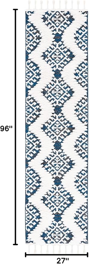 Safavieh Moroccan Tassel Shag Collection Runner Rug - 2'3" x 8', Navy & Ivory, Rustic Trellis, Non-Shedding & Easy Care, 2-inch Thick Ideal for High Traffic Areas in Living Room, Bedroom (MTS652N)