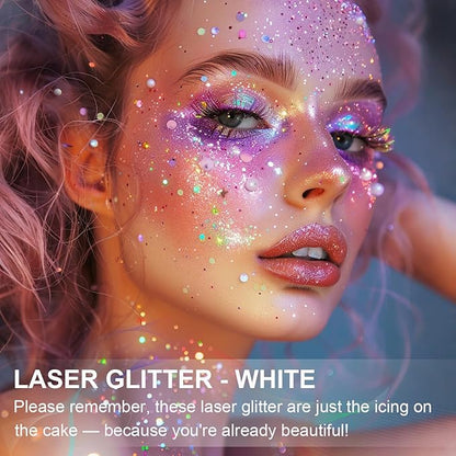 Hair Face Body Glitter Paint Set for Women, White Pink Blue Holographic Mermaid Sequins Chunky Glitter Makeup for Music Festival Rave Accessories, Easter, Wedding, Valentine, Prom