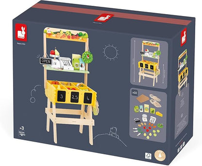 Janod - Children's Merchant Farm Market - Imitation Game for Children - 32 Accessories - Develops Imagination - FSC Wooden Toy - Water Painting - Suitable for Ages 3 and Above - J03322