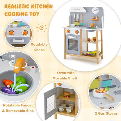 HONEY JOY Kids Kitchen Playset, Toddler Wooden Play Kitchen Set w/Sink, Stove & Oven, Cooking Accessories, Large Storage Cabinet, Little Chef Pretend Play Toy Kitchen Set, Gift for Boys Girls, Gray