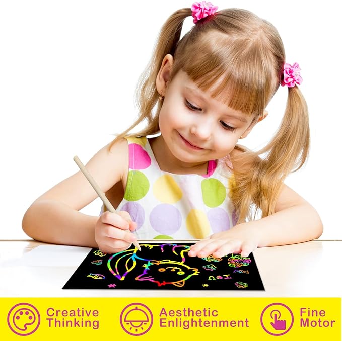 Scratch Rainbow Paper for Kids: 117 Pcs Magic Scratch Off Paper Children Art Crafts Set Kit Supplies Toys Black Scratch Sheets Notes Cards for Boys Girls Birthday Party Favors Christmas Easter Gift