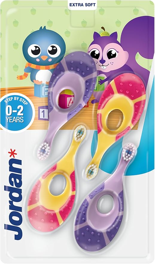 Jordan* ® | Step 1 Baby Toothbrush | 0-2 Years, Soft Bristles, BPA Free | Pink & Purple | 4 Pack