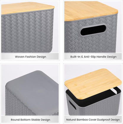 Ohmlove 4 Packs Storage Bins with Bamboo Lids - Plastic Storage Containers with Lids Stackable Storage Box：Storage Baskets for Organizing Desktop Closet Playroom Classroom Office,Gray